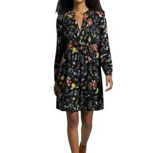 Old Navy Women's Shift Dress S Black Floral Print Long Sleeve Pintuck Pleated